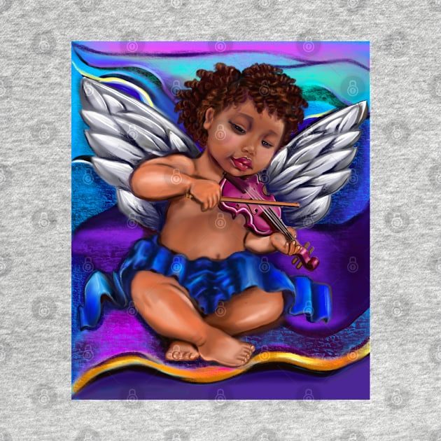 Black Angel cherub playing the violin - Serene sun kissed curly haired Baby cherub angel classical art by Artonmytee